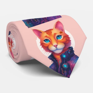 "Neon Paws: The Ginger, Blue-Eyed Cyberpunk Cat" Tie