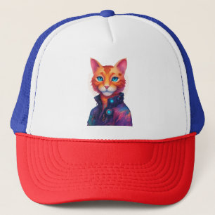 "Neon Paws: The Ginger, Blue-Eyed Cyberpunk Cat" Trucker Hat