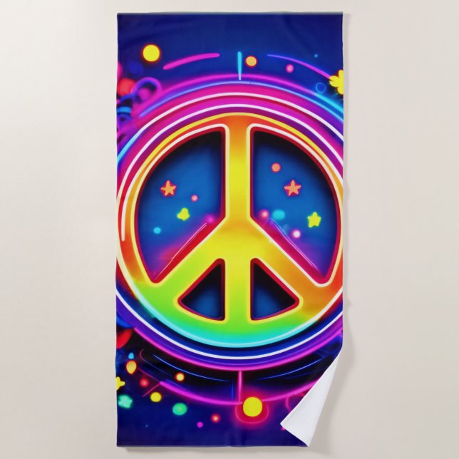 Neon Peace Symbol Art Beach Towel (Front)