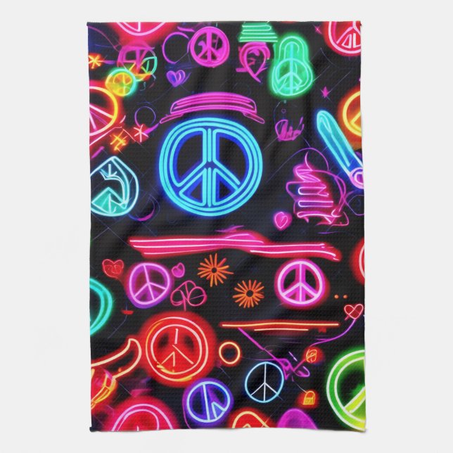 Neon Peace Symbol Patterns Tea Towel (Vertical)