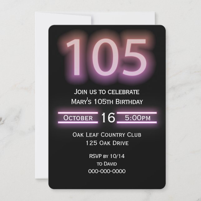 Neon Pink 105th Birthday Party Invitation (Front)