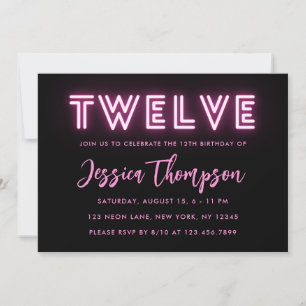 Neon Pink 12th Birthday Invitation