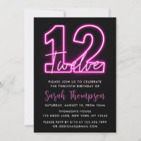 Neon Pink 12th Birthday Invitation
