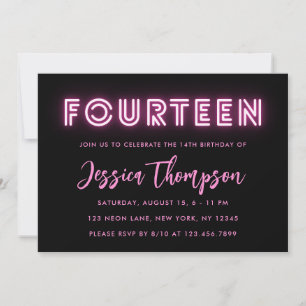 Neon Pink 14th Birthday Invitation