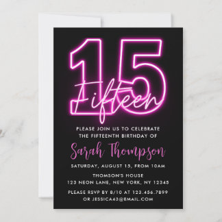 Neon Pink 15th Birthday Invitation