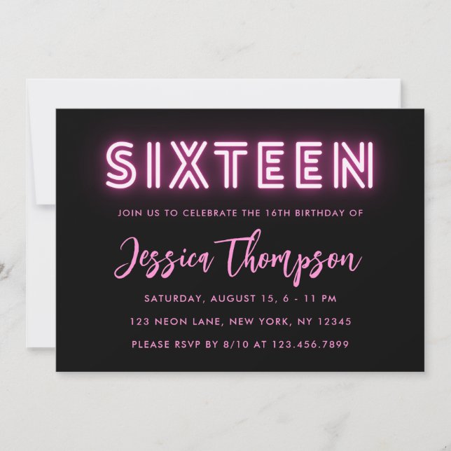 Neon Pink 16th Birthday Invitation (Front)