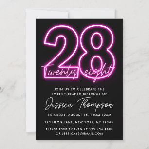 Neon Pink 28th Birthday Invitation