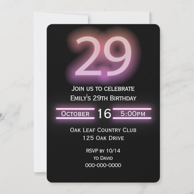 Neon Pink 29th Birthday Party Invitation (Front)