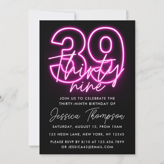 Neon Pink 39th Birthday Invitation (Front)