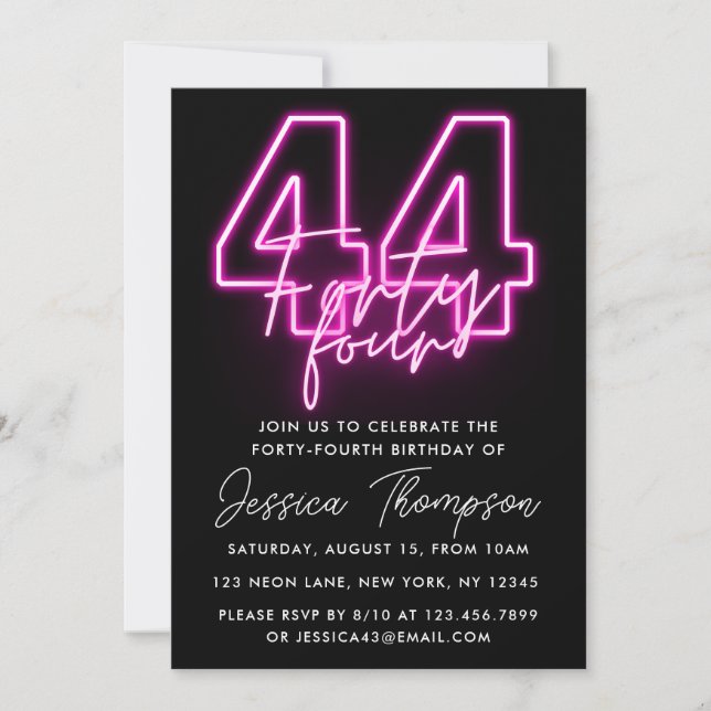 Neon Pink 44th Birthday Invitation (Front)