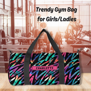 Neon Pink Abstract Grunge Stripes Girls Sports Duffle Bag