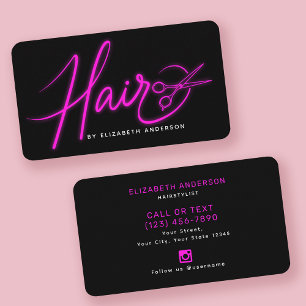Neon Pink and Black Retro Script Hairstylist Business Card