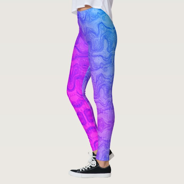 Neon Pink and Blue Swirled Colourful Stripes Leggings (Left)