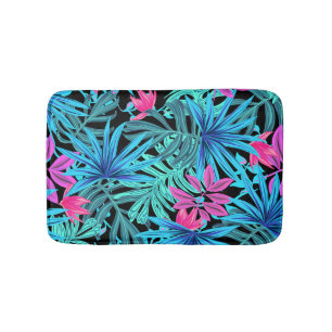 Neon Pink and Blue Tropical Plant Pattern Bath Mat