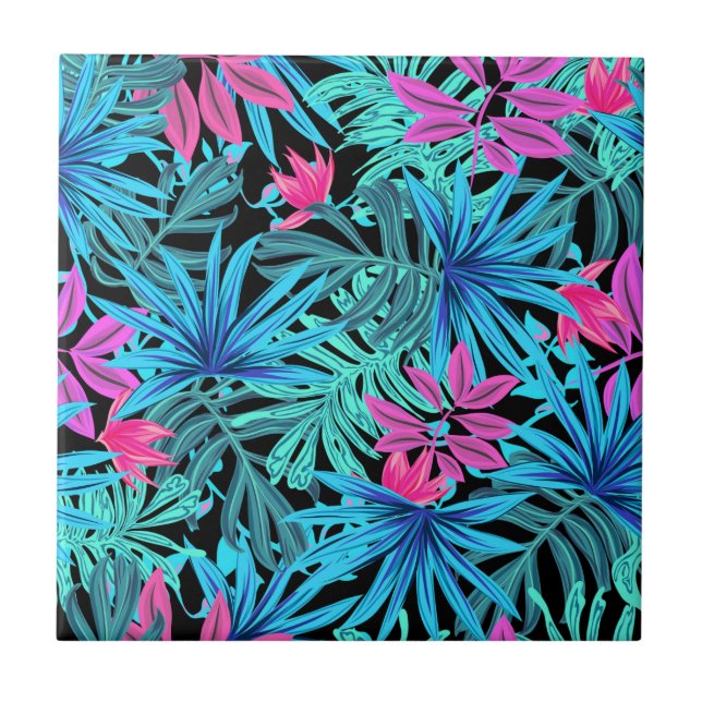 Neon Pink and Blue Tropical Plant Pattern Ceramic Tile (Front)