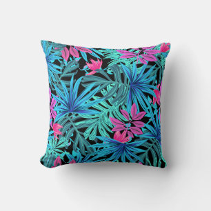 Neon Pink and Blue Tropical Plant Pattern Cushion