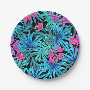 Neon Pink and Blue Tropical Plant Pattern Paper Plate