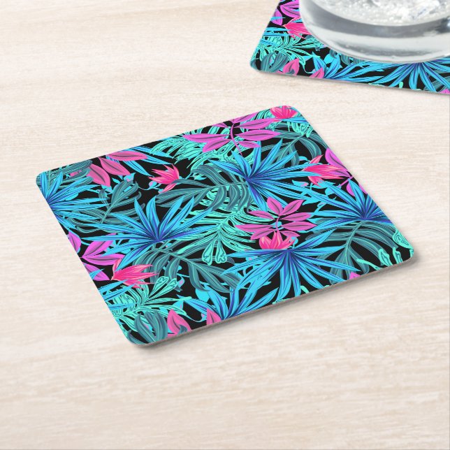 Neon Pink and Blue Tropical Plant Pattern Square Paper Coaster (Angled)