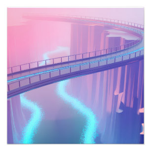 Neon pink and cobalt bridge arcs over a luminous c photo print