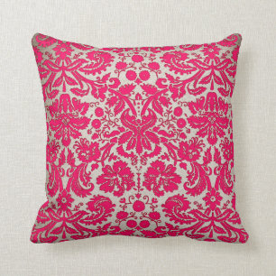 Neon Pink and Gold Damask Cushion