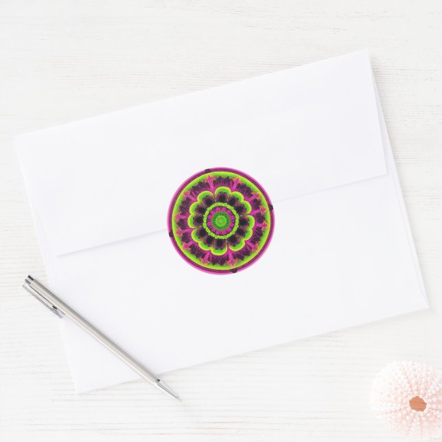 Neon Pink And Green Kaleidoscope Design Classic Round Sticker (Envelope)