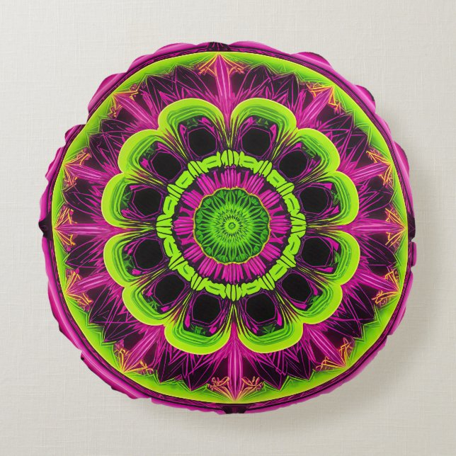 Neon Pink And Green Kaleidoscope Design Round Cushion (Front)