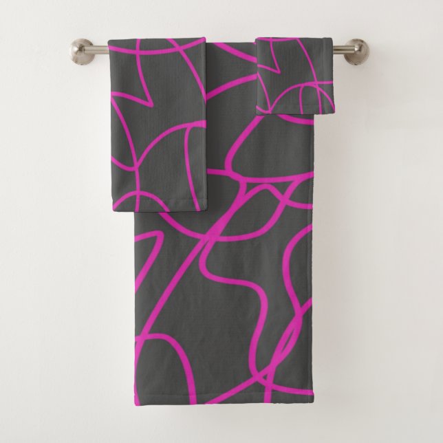 Neon Pink and Grey Line Art Bath Towel Set (Insitu)