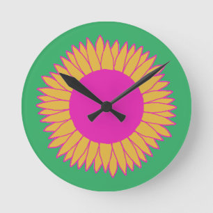 Neon Pink and Orange on Green Sunflower Round Clock