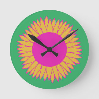 Neon Pink and Orange on Green Sunflower Round Clock