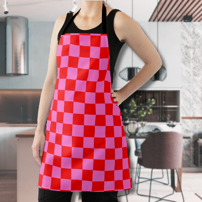 Neon Pink and Red Chequered Chequerboard Vintage Apron (Creator Uploaded)