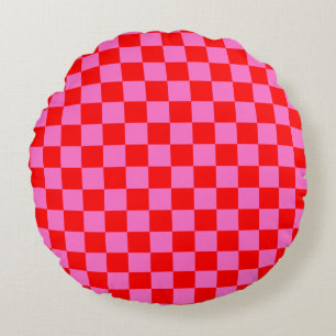 Neon Pink and Red Chequered Chequerboard Vintage Round Cushion
