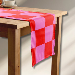 Neon Pink and Red Chequered Chequerboard Vintage Short Table Runner