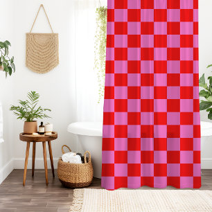 Neon Pink and Red Chequered Chequerboard Vintage Shower Curtain
