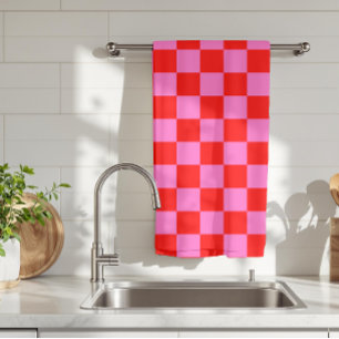 Neon Pink and Red Chequered Chequerboard Vintage Tea Towel