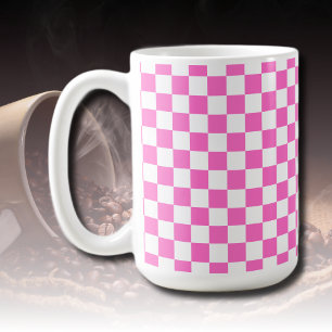 Neon Pink and White Chequered Chequerboard Vintage Coffee Mug