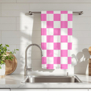Neon Pink and White Chequered Chequerboard Vintage Tea Towel