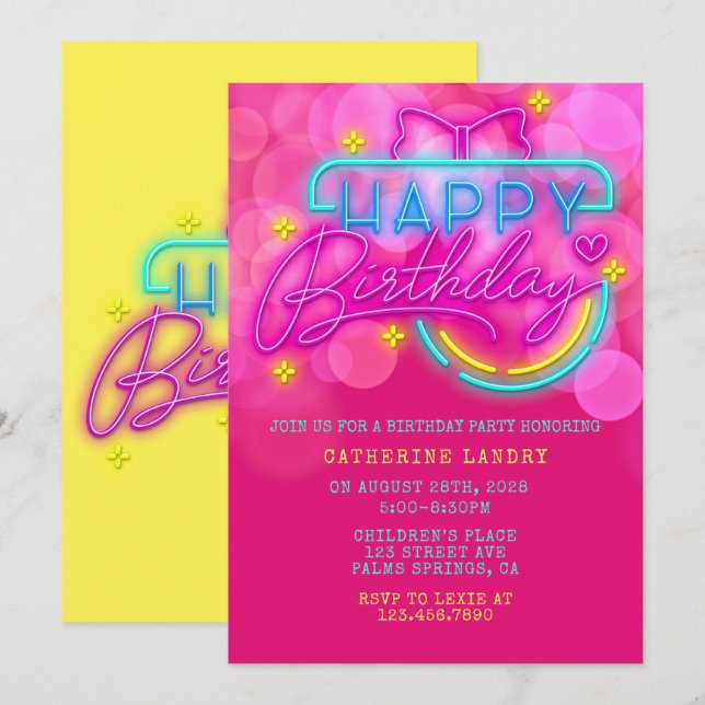 Neon Pink and Yellow Happy Birthday Party Invitation (Front/Back)