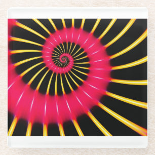 Neon Pink And Yellow Spiral Fractal Glass Coaster