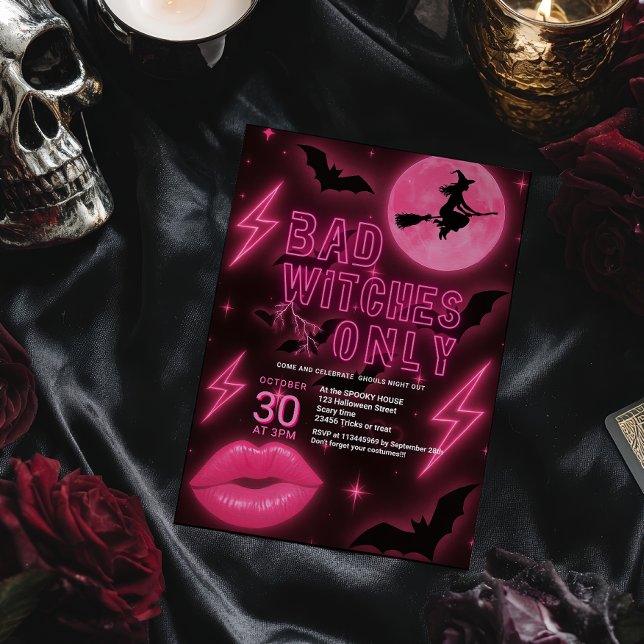 Neon Pink Bad Witches Halloween Girls Night Out Invitation (Neon Pink Bad Witches Halloween Girls Night Out Invitation)