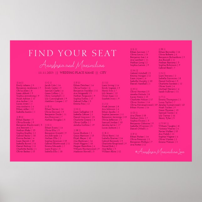 Neon Pink Basic Wedding Alphabetical Seating Chart (Front)