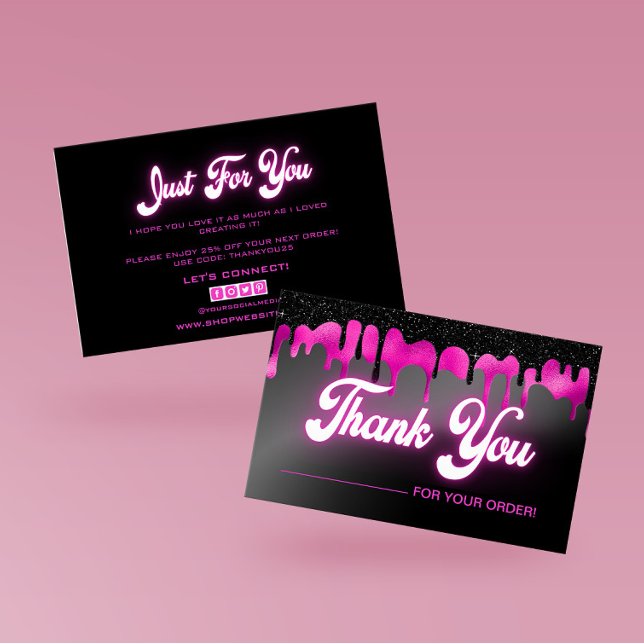 Neon Pink Black dripping glitter thank you card (Gorgeous Black and Pink Dripping Liquid Thank You Cards For Your Beauty Business! )