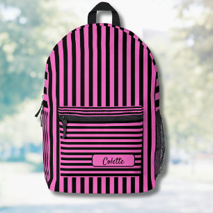 Neon Pink Black Vintage Striped Name Printed Backpack