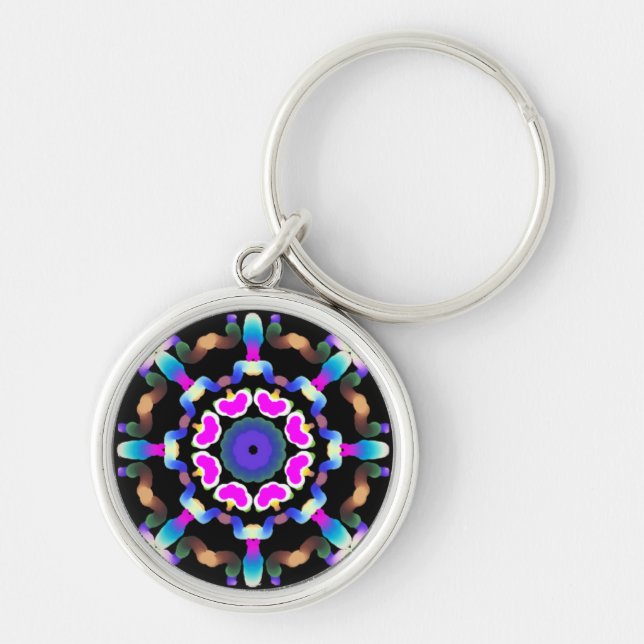 *~* Neon Pink Blue  Mandala on Black Key Ring (Front)