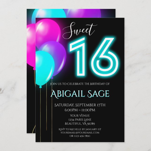 Neon Pink, Blue, Purple Sweet Sixteen Balloons Invitation (Front/Back)