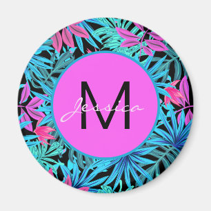 Neon Pink Blue Tropical Plant Pattern Personalised Magnet