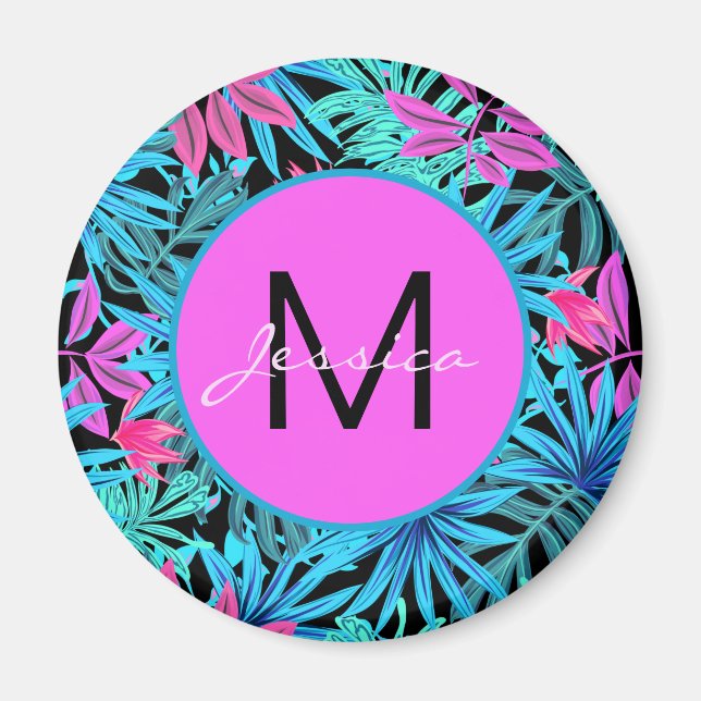 Neon Pink Blue Tropical Plant Pattern Personalised Magnet (Front)