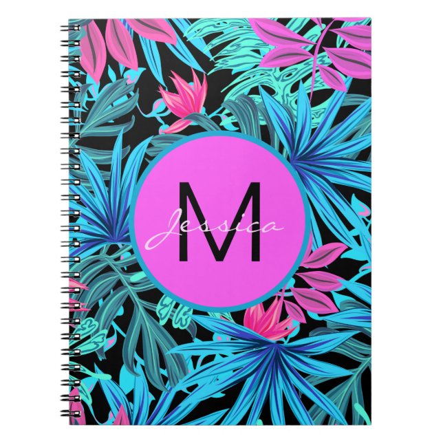 Neon Pink Blue Tropical Plant Pattern Personalised Notebook (Front)