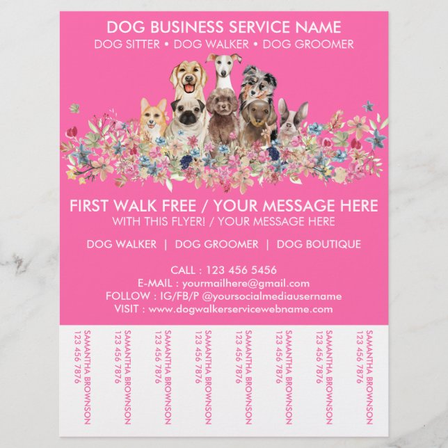 Neon Pink Breeds Dog Walker Service Flyer (Front)