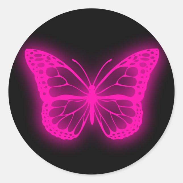 neon pink butterfly classic round sticker (Front)