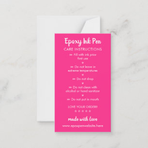Neon Pink Care Instructions for Epoxy Pen Card